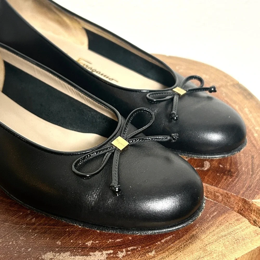 Salvatore Ferragamo Black Leather Bow Boutique Ballet Flat Shoes Womens 7 C